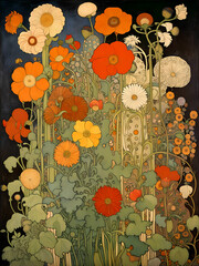 Decorative art nouveau illustration of mixed flowers in an ornate decorative style