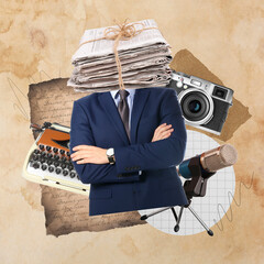 Man with stacked newspapers instead of head as journalist, vintage typewriter, camera and...