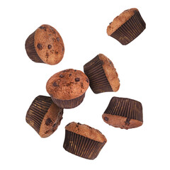 Delicious chocolate muffins in air on white background