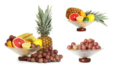 Glass bowl with fresh different fruits isolated on white, collage