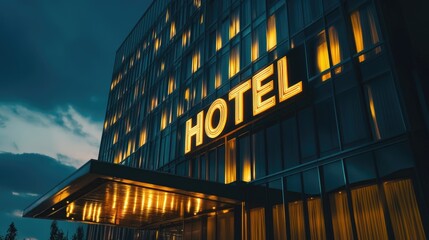 Fototapeta premium A high-rise hotel exterior with glowing 