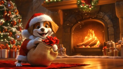 Naklejka premium A joyful cartoon dog dressed as Santa Claus, carrying a sack of gifts in front of a cozy fireplace decorated for Christmas.