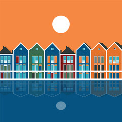Illustration of Colorful houses in Houten, Netherlands.