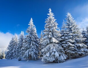 Fototapeta premium Glistening Snow-Covered Pine Trees Against a Bright Blue Winter Sky
