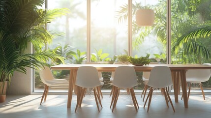 Obraz premium Minimalist dining set with chairs crafted from recycled plastic and a bamboo table