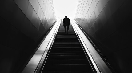 Silhouette of a Person Ascending an Escalator in a Modern Building