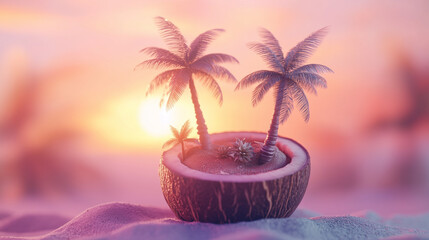 Miniature tropical island in a coconut shell with a pastel sunset