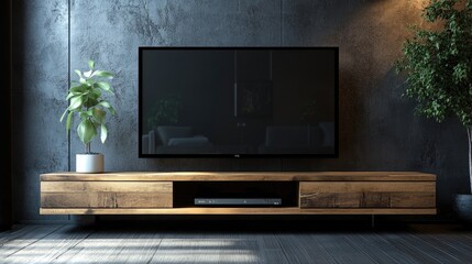 Fototapeta premium Minimalistic TV stand with clean lines and natural textures