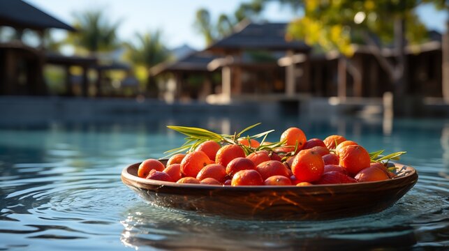 Miracle fruits nestled woven basket beside pool tropical resort sparkling water palm trees softly blurred in the background emphasizing the fruits exotic appeal Scientific name Synsepalum dulcificum