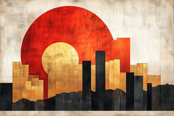 Geometrische Skyline mit roter Sonne - Mid-Century-Ölmalerei auf Leinwand