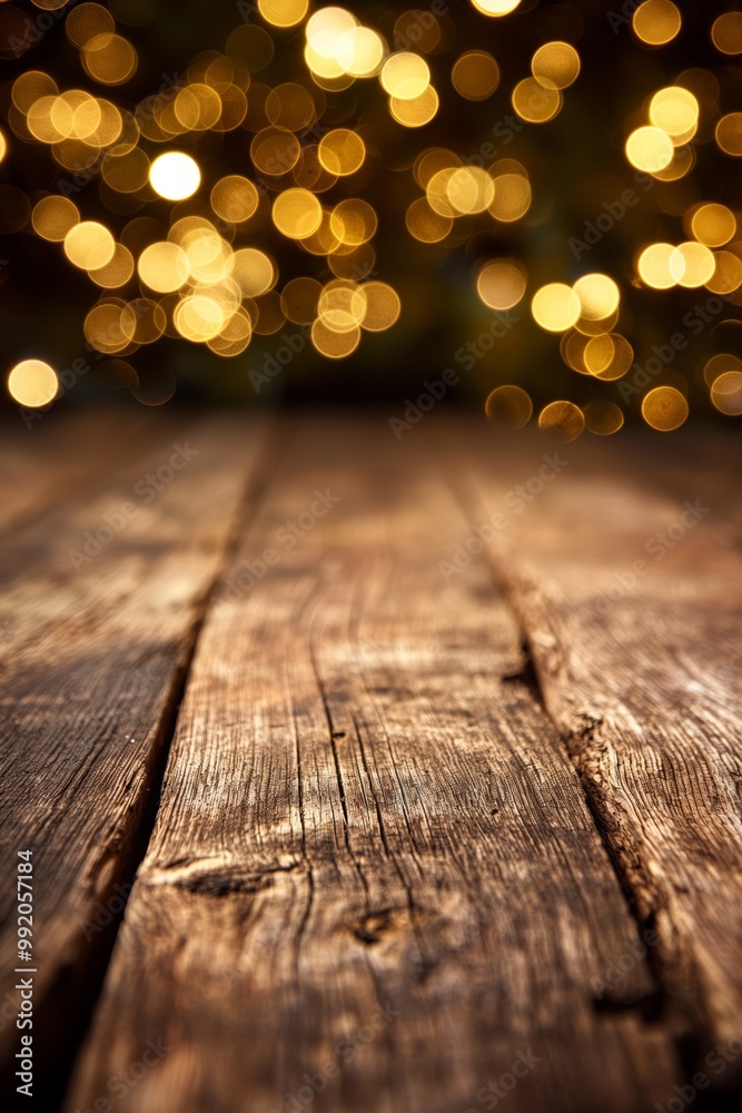 Aufkleber Empty wooden table surface with a blurred golden bokeh background, creating a warm and inviting atmosphere perfect for autumn or festive scenes.