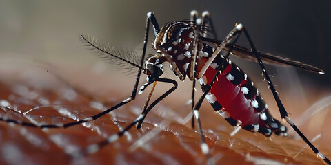 Macro of a Tiger Mosquito Sitting on Human Skin: A Close-Up Exploration of This Intriguing Insect and Its Unique Patterns