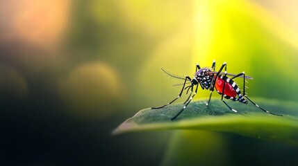 Disease-Bearing Insect: Mosquito Macro Shot Against Blurred Rainforest Background