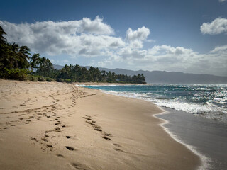 Scenic view of Laniakea Beach on the island of Oahu, Hawaii, USA against blue sky with clouds
