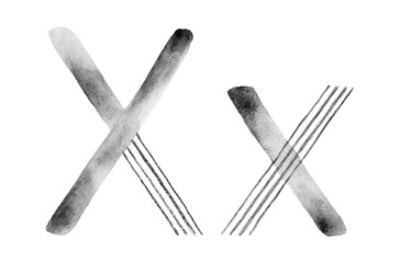Dynamic black and white watercolor illustration of uppercase and lowercase 
