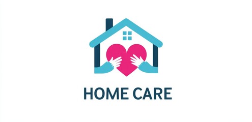 Abstract logo featuring a house with a heart and hands, text "HOME CARE"   in pink, blue, and teal colors  for a care home.
