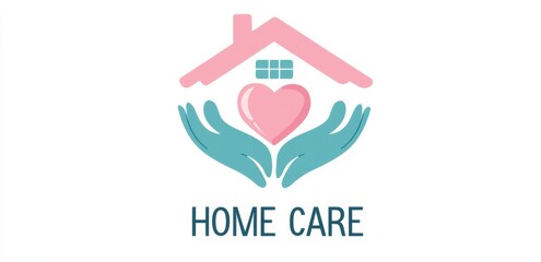 Abstract logo featuring a house with a heart and hands, text "HOME CARE"   in pink, blue, and teal colors  for a care home.
