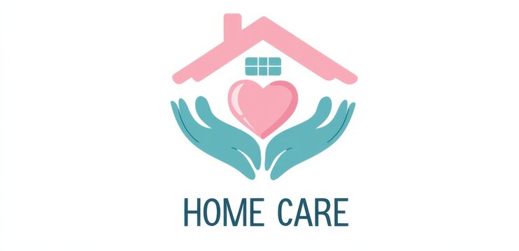 Abstract logo featuring a house with a heart and hands, text "HOME CARE"   in pink, blue, and teal colors  for a care home.