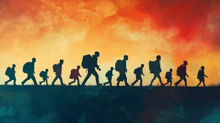 Fototapeta premium Poster depicting refugees relocated to another country
