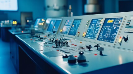 Intricate Nuclear Reactor Control Room - A mesmerizing close-up of a nuclear reactor control room, showcasing the intricate machinery and glowing screens that drive this complex system.