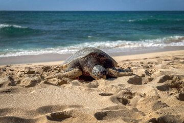 One basking Hawaiian green sea turtle at Laniakea Beach on the island of Oahu, Hawaii, USA against sea and blue sky