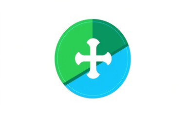 Fototapeta premium logo with blue and green color scheme, featuring a central medical cross symbol inside a circle on a solid white background, suitable for healthcare or business branding.