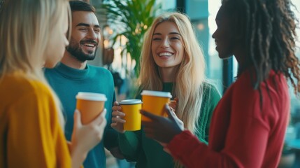 Obraz premium Group of friends enjoying coffee together in cafe