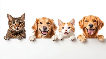 Cute dog and cat with paws on the edge isolated