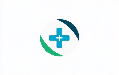Obraz premium logo with blue and green color scheme, featuring a central medical cross symbol inside a circle on a solid white background, suitable for healthcare or business branding.