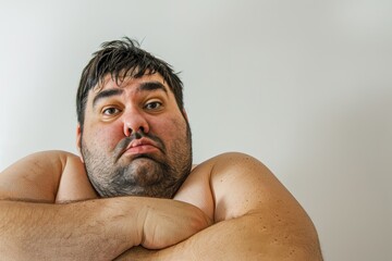 Obraz premium Humorous fat man exercising to lose weight, funny weight loss concept.