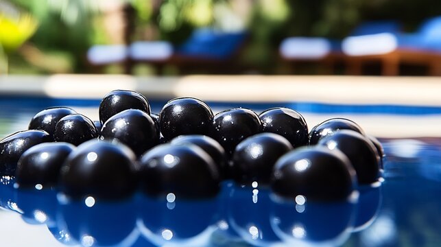 Mora fruits floating crystalclear pool a tropical resort with reflections of palm trees and beach towels softly blurred behind promoting a refreshing exotic vacation vibe Scientific name Morus nigra