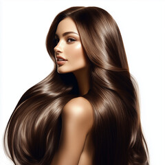 Brown hair girl with long shiny hair on a white background, shampoo advertising