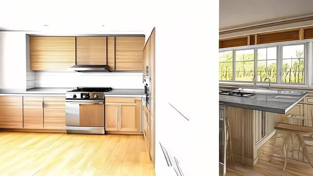 Modern kitchen interior with split view of 3D architectural rendering and completed design, representing renovation, home improvement, and construction.

