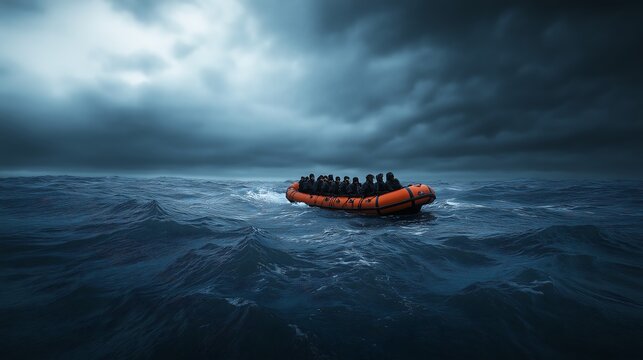 Lifeboat in the vast Pacific Ocean with the survivors on board dressed in black. Show their shock and realization that they are stranded