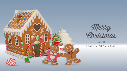 christmas banner with 3d gingerbread house and sweets. christmas greeting card with 3d gingerbread cookies and candies