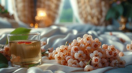 Mulberries scattered a silk pillow in a luxurious bedroom with soft drapes and warm lighting creating a scene of opulence and relaxation Scientific name Morus alba