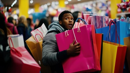 Man overwhelmed with shopping bags during sale