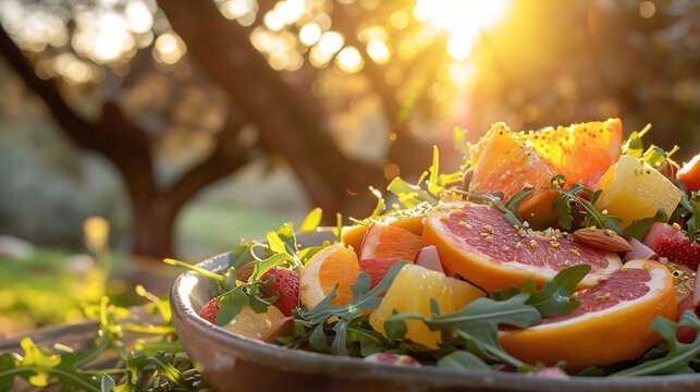 Nance fruit salad arugula almonds citrus dressing served luxury resorts vibrant terrace with sunset views softly blurred behind promoting a nutritious light meal Scientific name Byrsonima crassifolia