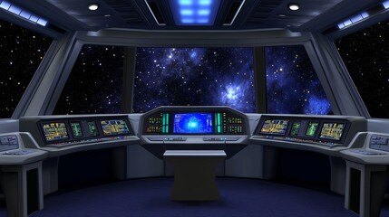 Pilot's Perspective: Cosmic Journey Through a Nebula in a High-Tech Spaceship Cockpit