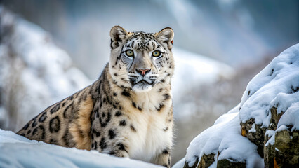 Fototapeta premium A stunning snow leopard with striking fur patterns blending into the snowy mountain landscape , wildlife
