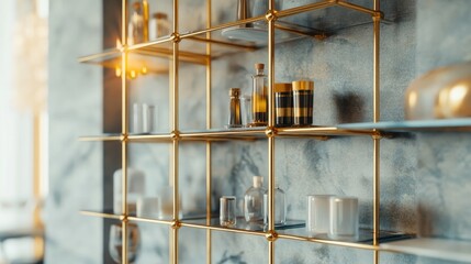 Open-frame shelving unit with brass details