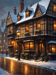 winter scene with old-Fashioned English street with inns, and houses covered in snow and people walking down the lamp lit road in the evening