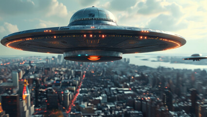 Naklejka premium UFO Above the City: Mysterious Lights in the Sky