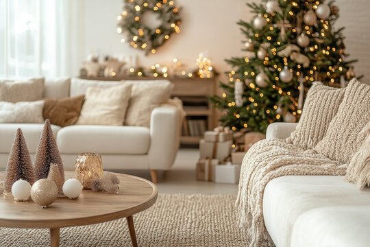 holiday minimalist decor, minimalist holiday cheer in a tidy living room adorned with sepia christmas decor, creating a serene and uncluttered space