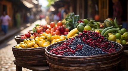 Nance fruits displayed woven basket bustling street market colorful produce and street vendors softly blurred behind creating a vibrant lively marketplace feel Scientific name Byrsonima crassifolia