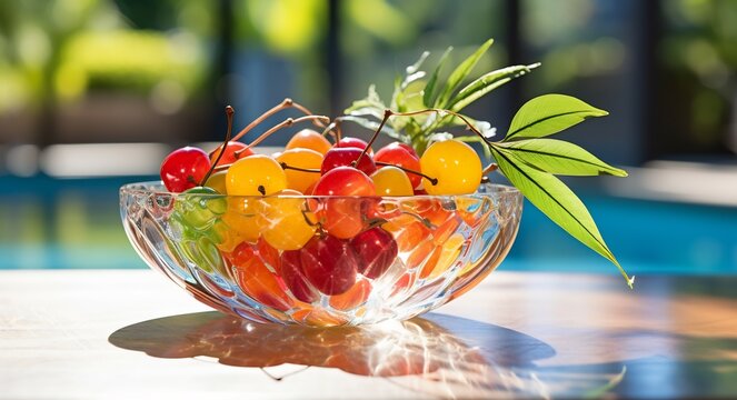Nance fruit floating crystalclear glass bowl bright poolside table reflection of tropical plant sun umbrella softly blurred behind promoting refreshing vacation vibe Scientific name Byrsonima