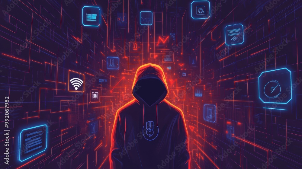 Sticker Cybersecurity concept illustration featuring a hacker in a hoodie surrounded by encrypted data and firewall icons