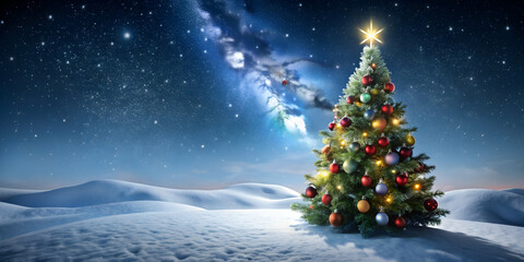 Christmas tree adorned with ornaments on snowy hills under starry night sky, winter, holiday, decoration, festive, snow, landscape