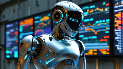Futuristic Robot Standing Amidst Screens Displaying Financial Data