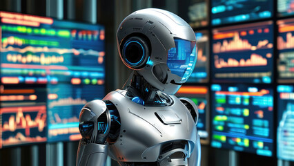 Futuristic Robot Standing Amidst Screens Displaying Financial Data